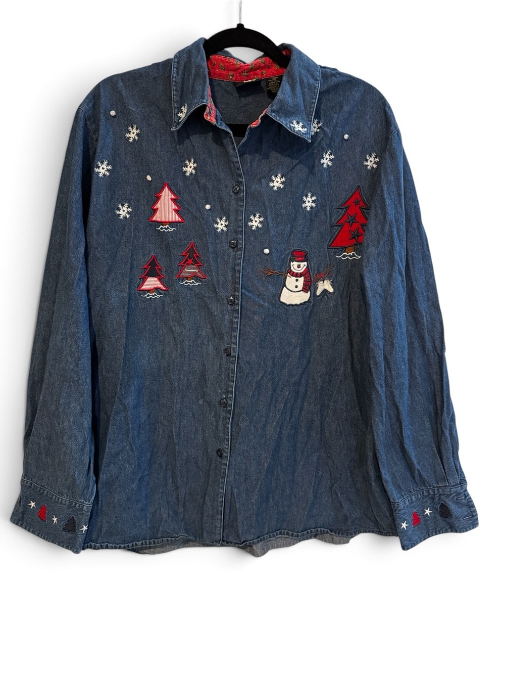 Ms Lee Shirt Womens 2X Blue Denim Christmas Snowman Tree Embroidered Y2K vintage
